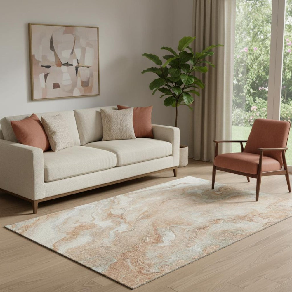 HomeRoots 5' X 8' Salmon Gray & Ivory Abstract Area Rug - Washable, UV-Protected, Durable for High-Traffic Areas 697808
