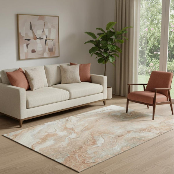 HomeRoots 5' X 8' Salmon Gray & Ivory Abstract Area Rug - Washable, UV-Protected, Durable for High-Traffic Areas 697808
