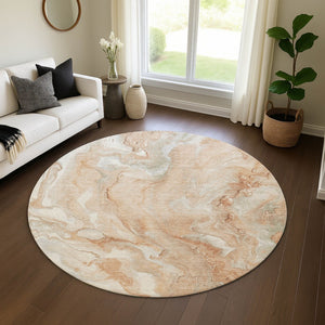 HomeRoots 8' Salmon Gray and Ivory Abstract Washable Round Rug - Modern Design with UV Protection & Stain Resistance 697809
