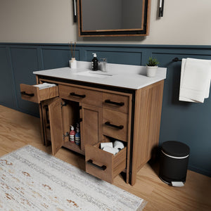 English Elm Rustic Barnwood 48" Bath Vanity with White Quartz Top, Soft-Close Drawers, Mirror & Ample Storage B2731S00807