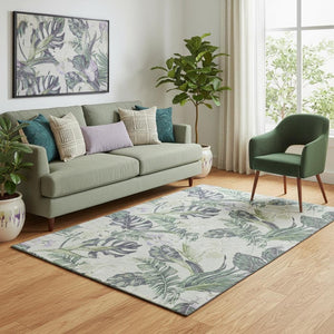 HomeRoots 5' X 8' Floral Area Rug in Artichoke Green, Lavender & Ivory - Washable, UV Protected & Stain Resistant! 697814