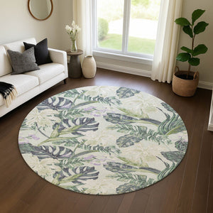HomeRoots 8' Artichoke Green Floral Round Rug - Washable, UV Protected, Stylish & Durable for Any Space! 697815