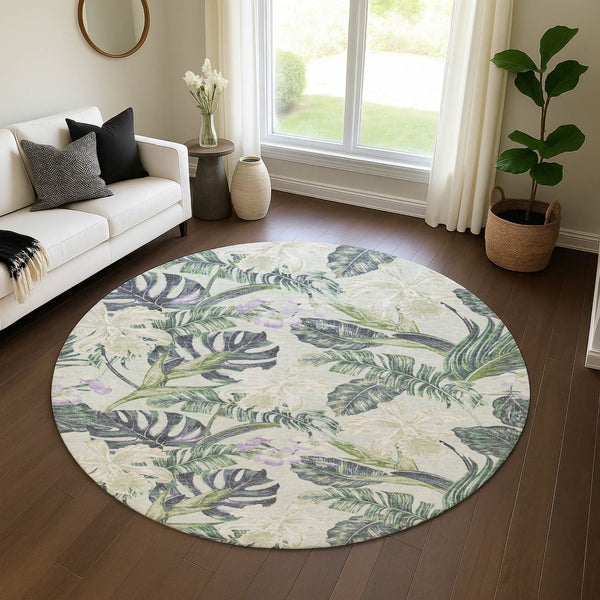 HomeRoots 8' Artichoke Green Floral Round Rug - Washable, UV Protected, Stylish & Durable for Any Space! 697815