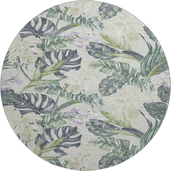 HomeRoots 8' Artichoke Green Floral Round Rug - Washable, UV Protected, Stylish & Durable for Any Space! 697815