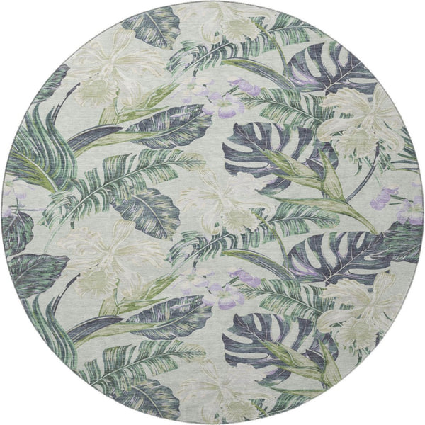 HomeRoots 8' Artichoke Green Floral Round Rug - Washable, UV Protected, Stylish & Durable for Any Space! 697815