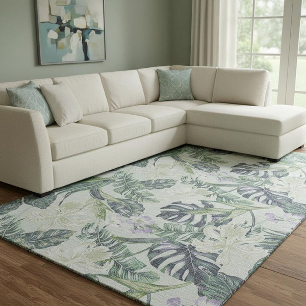 HomeRoots 8' X 10' Floral Area Rug in Artichoke Green & Lavender - Washable, UV Protected, Durable Design! 697816