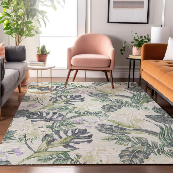 HomeRoots 10' X 14' Artichoke Green Floral Area Rug - Washable, UV Protected, Stain Resistant, Durable Design 697818