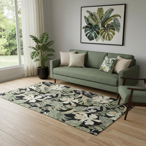 HomeRoots 5' X 8' Elegant Black Green Beige Floral Area Rug - Washable, UV-Protected, Stain-Resistant Design! 697820