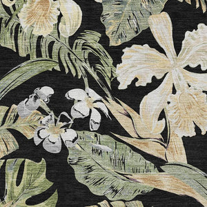 HomeRoots 5' X 8' Elegant Black Green Beige Floral Area Rug - Washable, UV-Protected, Stain-Resistant Design! 697820