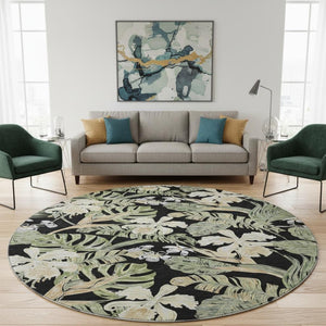 HomeRoots 8' Washable Round Rug with Black Green Beige Floral Design - UV Protection for Indoor & Outdoor Use 697821