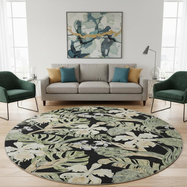 HomeRoots 8' Washable Round Rug with Black Green Beige Floral Design - UV Protection for Indoor & Outdoor Use 697821