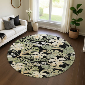 HomeRoots 8' Washable Round Rug with Black Green Beige Floral Design - UV Protection for Indoor & Outdoor Use 697821