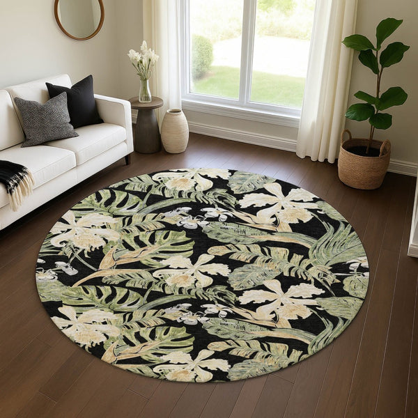 HomeRoots 8' Washable Round Rug with Black Green Beige Floral Design - UV Protection for Indoor & Outdoor Use 697821