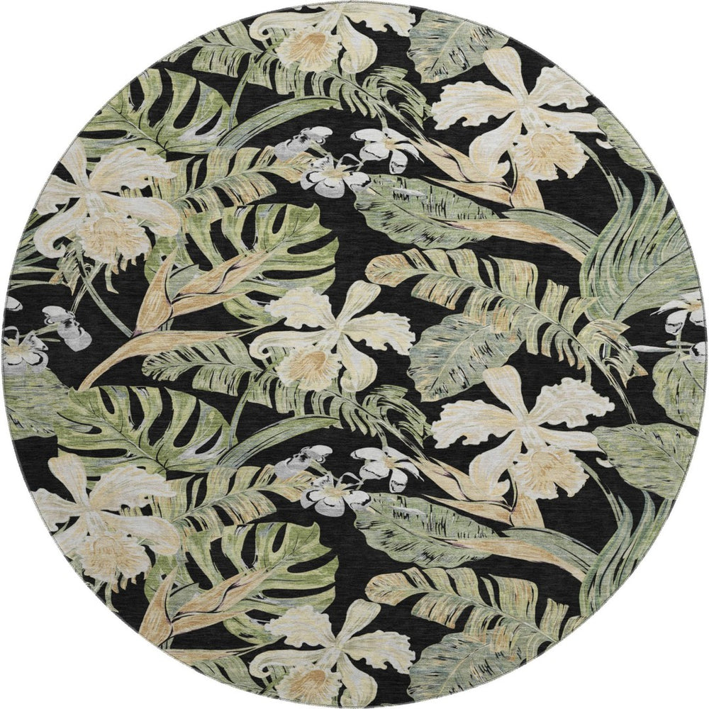 HomeRoots 8' Washable Round Rug with Black Green Beige Floral Design - UV Protection for Indoor & Outdoor Use 697821