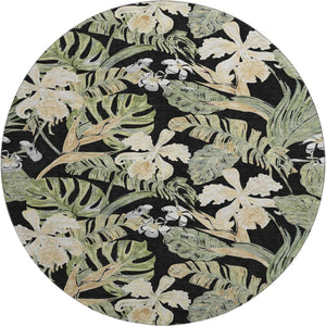 HomeRoots 8' Washable Round Rug with Black Green Beige Floral Design - UV Protection for Indoor & Outdoor Use 697821