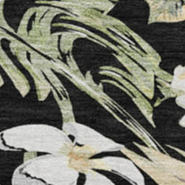 HomeRoots 8' Washable Round Rug with Black Green Beige Floral Design - UV Protection for Indoor & Outdoor Use 697821