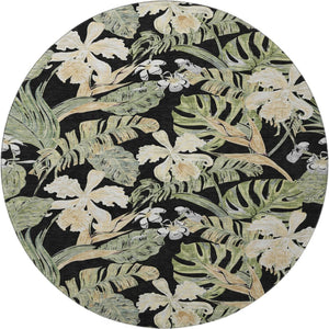 HomeRoots 8' Washable Round Rug with Black Green Beige Floral Design - UV Protection for Indoor & Outdoor Use 697821
