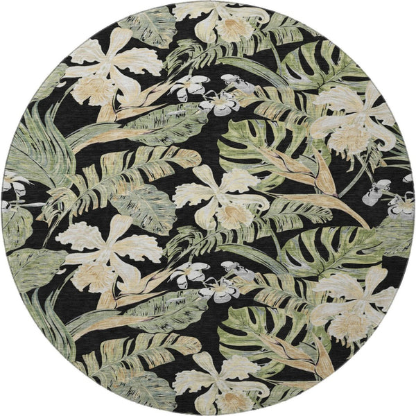 HomeRoots 8' Washable Round Rug with Black Green Beige Floral Design - UV Protection for Indoor & Outdoor Use 697821