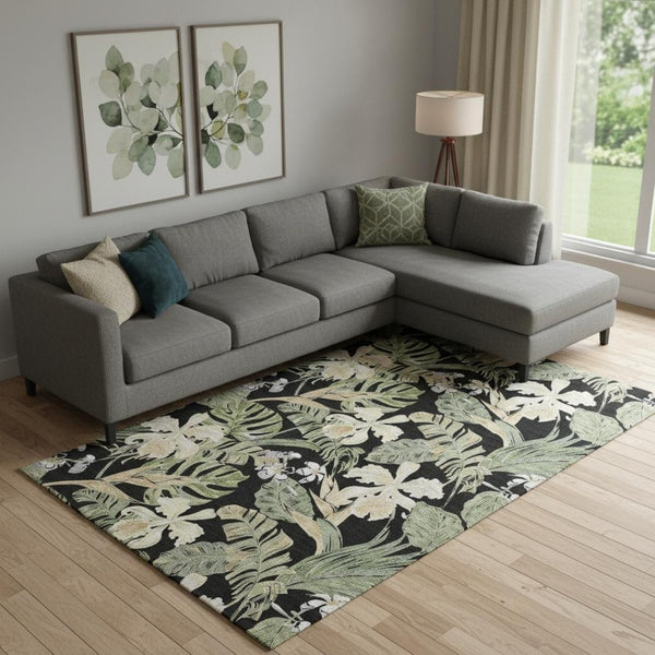 HomeRoots 9' X 12' Stunning Black Green Beige Floral Area Rug - Washable, UV-Protected, Non-Slip Comfort! 697823
