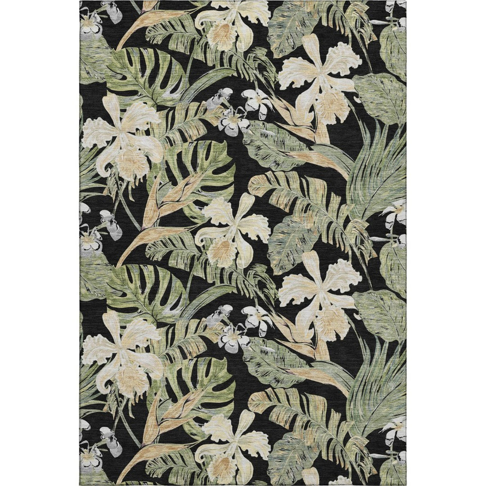 HomeRoots 9' X 12' Stunning Black Green Beige Floral Area Rug - Washable, UV-Protected, Non-Slip Comfort! 697823