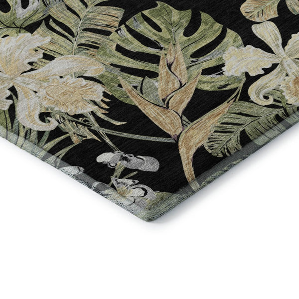 HomeRoots 9' X 12' Stunning Black Green Beige Floral Area Rug - Washable, UV-Protected, Non-Slip Comfort! 697823