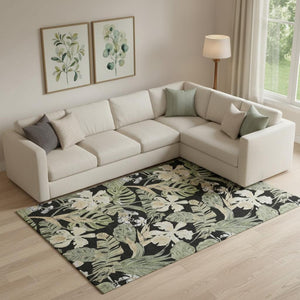 HomeRoots 10' Floral Washable Area Rug in Black, Green & Beige - UV Resistant, Durable, Perfect for High Traffic Spaces 697824