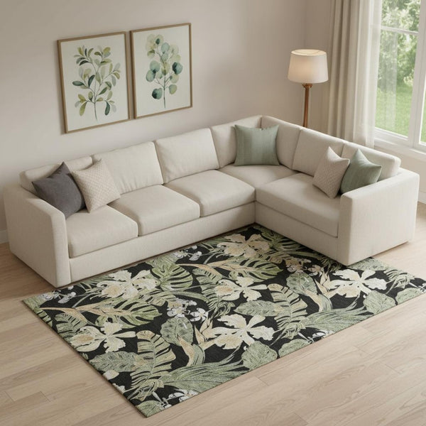 HomeRoots 10' Floral Washable Area Rug in Black, Green & Beige - UV Resistant, Durable, Perfect for High Traffic Spaces 697824