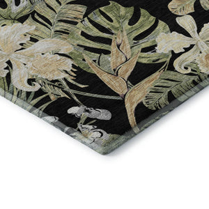 HomeRoots 10' Floral Washable Area Rug in Black, Green & Beige - UV Resistant, Durable, Perfect for High Traffic Spaces 697824