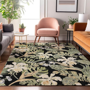 HomeRoots 10' Floral Washable Area Rug in Black, Green & Beige - UV Resistant, Durable, Perfect for High Traffic Spaces 697824