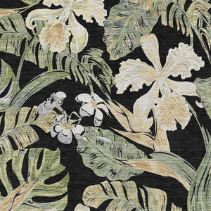 HomeRoots 10' Floral Washable Area Rug in Black, Green & Beige - UV Resistant, Durable, Perfect for High Traffic Spaces 697824