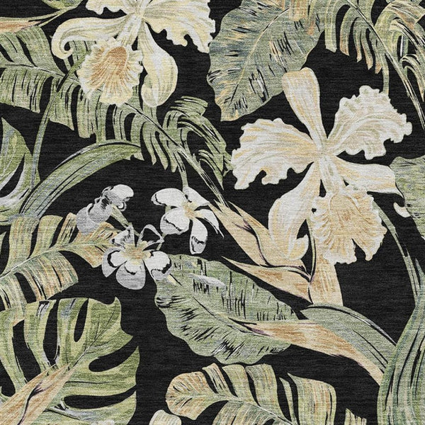 HomeRoots 10' Floral Washable Area Rug in Black, Green & Beige - UV Resistant, Durable, Perfect for High Traffic Spaces 697824