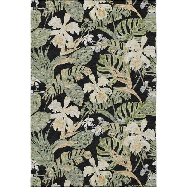 HomeRoots 10' Floral Washable Area Rug in Black, Green & Beige - UV Resistant, Durable, Perfect for High Traffic Spaces 697824