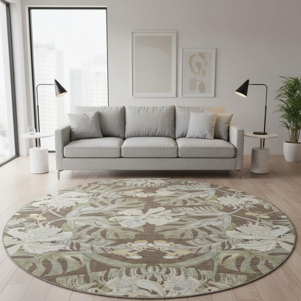 HomeRoots 8' Elegant Brown Beige Green Floral Washable Round Rug - UV Protected, Kid & Pet Friendly Design 697827