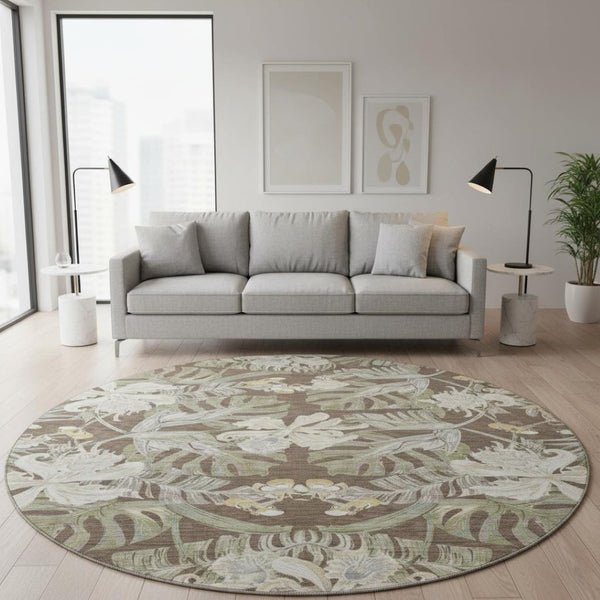 HomeRoots 8' Elegant Brown Beige Green Floral Washable Round Rug - UV Protected, Kid & Pet Friendly Design 697827