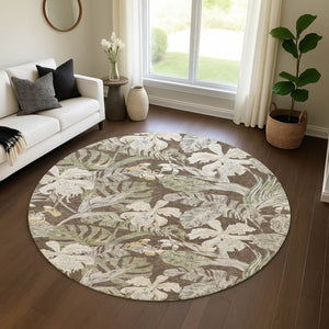 HomeRoots 8' Elegant Brown Beige Green Floral Washable Round Rug - UV Protected, Kid & Pet Friendly Design 697827