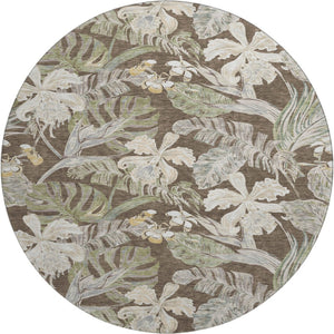 HomeRoots 8' Elegant Brown Beige Green Floral Washable Round Rug - UV Protected, Kid & Pet Friendly Design 697827