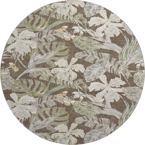 HomeRoots 8' Elegant Brown Beige Green Floral Washable Round Rug - UV Protected, Kid & Pet Friendly Design 697827