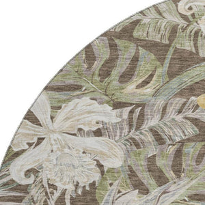 HomeRoots 8' Elegant Brown Beige Green Floral Washable Round Rug - UV Protected, Kid & Pet Friendly Design 697827