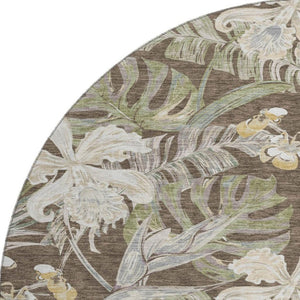 HomeRoots 8' Elegant Brown Beige Green Floral Washable Round Rug - UV Protected, Kid & Pet Friendly Design 697827