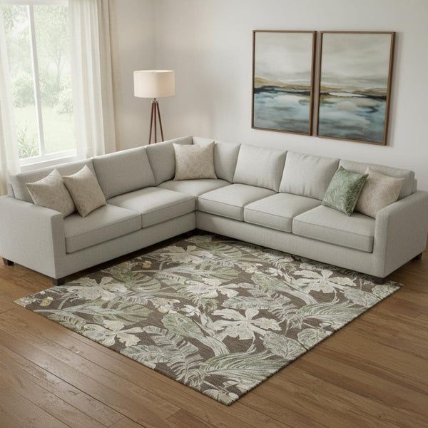 HomeRoots 10' Washable Floral Area Rug in Brown, Beige & Green - UV Protected, Stain Resistant & Durable Design 697830