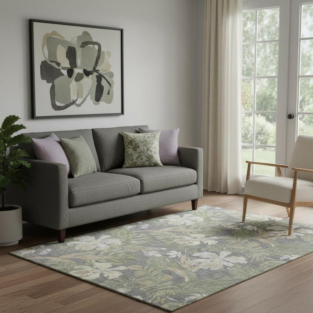 HomeRoots 5' X 8' Washable Floral Area Rug in Gray Green & Beige - UV Protected, Stain Resistant, Durable Design 697832