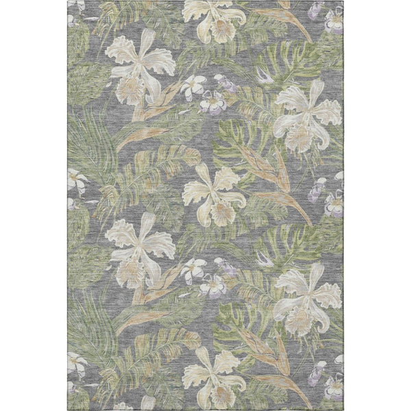 HomeRoots 5' X 8' Washable Floral Area Rug in Gray Green & Beige - UV Protected, Stain Resistant, Durable Design 697832