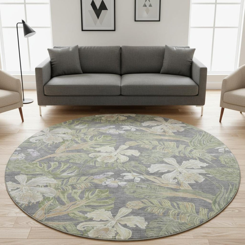HomeRoots 8' Timeless Floral Washable Round Rug - Gray Green Beige, UV Protected, Stain Resistant, Non-Slip 697833
