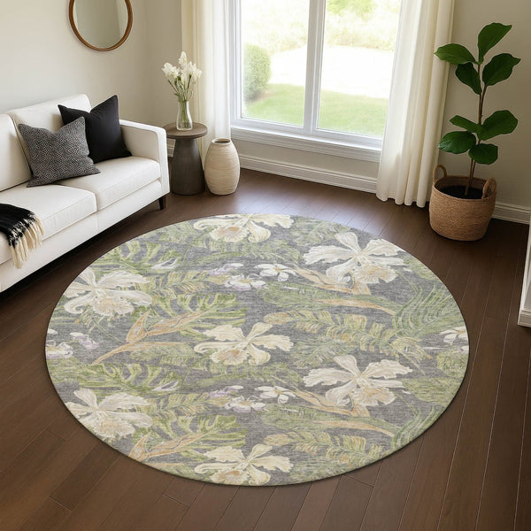 HomeRoots 8' Timeless Floral Washable Round Rug - Gray Green Beige, UV Protected, Stain Resistant, Non-Slip 697833