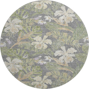 HomeRoots 8' Timeless Floral Washable Round Rug - Gray Green Beige, UV Protected, Stain Resistant, Non-Slip 697833