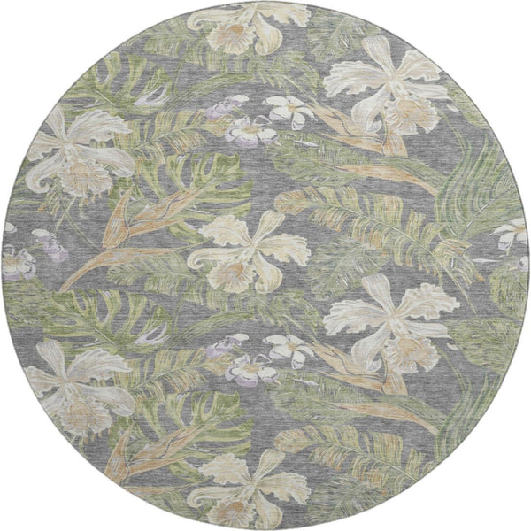 HomeRoots 8' Timeless Floral Washable Round Rug - Gray Green Beige, UV Protected, Stain Resistant, Non-Slip 697833