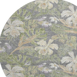 HomeRoots 8' Timeless Floral Washable Round Rug - Gray Green Beige, UV Protected, Stain Resistant, Non-Slip 697833