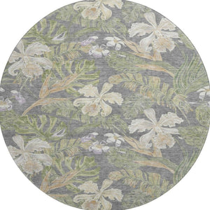 HomeRoots 8' Timeless Floral Washable Round Rug - Gray Green Beige, UV Protected, Stain Resistant, Non-Slip 697833
