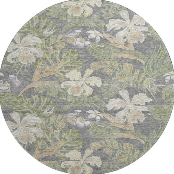 HomeRoots 8' Timeless Floral Washable Round Rug - Gray Green Beige, UV Protected, Stain Resistant, Non-Slip 697833
