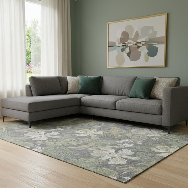 HomeRoots 8' X 10' Gray Green Beige Floral Area Rug - UV Protected, Washable, Durable Design for Busy Homes 697834